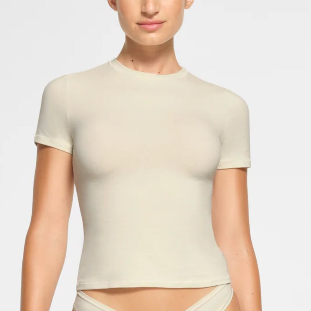 SKIMS COTTON JERSEY T-SHIRT | HEATHER OATMEAL, SMALL